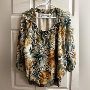 ALFRED DUNNER~Women's Blue and Gold Floral Blouse~16